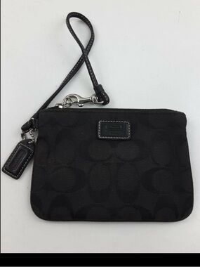 Coach Signature Wristlet Small Pouch Wallet Black Jacquard~ Leather Trim-